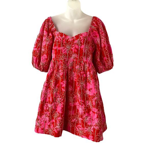 Joy Joy Embroidered Babydoll‎ Mini Dress M Red Smocked Puff Sleeve Cottagecore - Picture 1 of 12